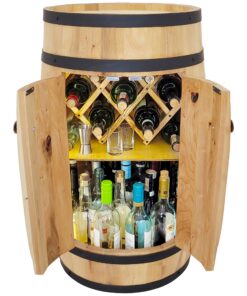 weeco Fassbar LED Weinregal 80x50cm Helle Eiche - Rustikaler Hausbar mit Tür und Weinhalter