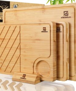3er Bambus Schneidebrett Set mit Rutschfester Halterung - Küchenbrett für Käse & Obst besser als Holz mit Geschenkbox