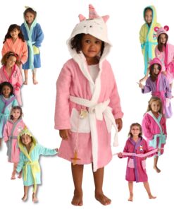 LEBENGOOD Baumwoll Bademantel für Mädchen und Kinder - 2 Taschen, Gürtel, Kapuze, Plüsch weich mit Stickerei - OEKO-TEX®