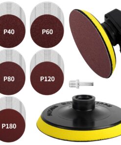 Pomsare Schleifscheiben Pad Kit 125mm Klett, 50 Stück 40-180 Körnung für Holz und Metall Klett-Schleifpad und Schaft ein