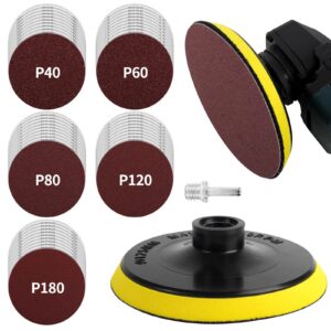 Pomsare Schleifscheiben Pad Kit 125mm Klett, 50 Stück 40-180 Körnung für Holz und Metall Klett-Schleifpad und Schaft ein