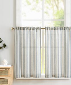 TOPICK Leinen Gestreifte Scheibengardinen für Privatsphäre Küche Wohnzimmer Bad 2er Set Blau auf Beige 65Bx90H(cm)