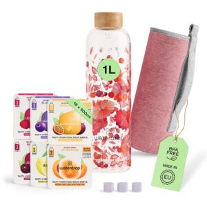 waterdrop® Glasflasche 1 Liter + 18 zuckerfreie Drops - Geschenk für Frauen - Probierpaket mit Flasche & Flavor Drops