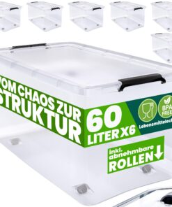 Deuba® Aufbewahrungsboxen 6 x 60l Klickverschluss, stapelbar, transparent BPA-frei für Büro und Garage