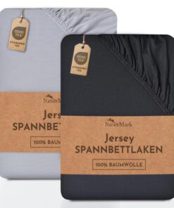NatureMark 2er-Pack Jersey-Spannbettlaken – 100% Baumwolle, OEKO-TEX STANDARD 100 – 90×200 / 100×200 cm, Schwarz/Silber