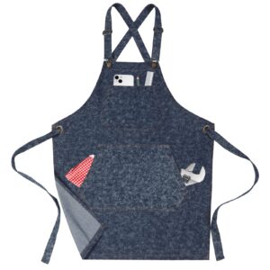Baumwolle Denim Chef Schürze für Männer und Frauen - Robuste Jean Arbeitsschürze mit großen Taschen und abnehmbaren Rie