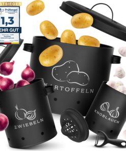 Kartoffel Aufbewahrungsbox 3er Set mit Sparschäler - 360° Luftzirkulation für längere Haltbarkeit - Zwiebeln, Kartoffeln