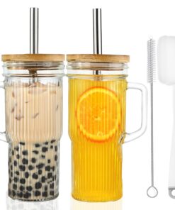 **Alink 24oz gerippte Glasbecher mit Deckel und Strohhalm für wiederverwertbare Eiskaffeebecher, weithalsige Mason Jar