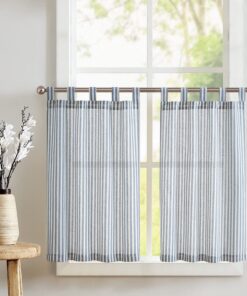 TOPICK Gestreifte Scheibengardinen für Küchen Blau auf Beige leichtdurchlässig Blickdicht Kurzgardinen Küchenvorhang Küc