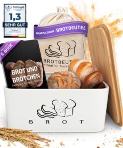 Brotkasten Weiß – perfekte Brotaufbewahrung für lange Frische - inklusive gratis Brotbeutel Leinen - 2in1 Brotbehälter m