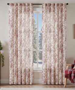 Topick Vorhänge aus Leinen-Mischgewebe, Blumenmuster, für Wohnzimmer und Schlafzimmer, rot bedruckt, Stangentasche, Land