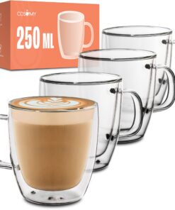 Cosumy 4 Doppelwandige Cappuccino Thermogläser mit Henkel 250ml - Hält die Temperatur länger - Schutz für deine Hände -