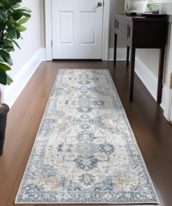 TOPICK Waschbarer Flurteppich 60x150cm Blau Floral Vintage Blumenteppich