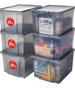 Iris Ohyama Vielseitige Aufbewahrungsbox mit Deckel, 30L, 6er-Set, Grau, Stapelbar, Für Schrank und Regale, Klarsegeln i