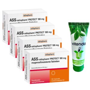 ASS-Ratio Protect 100 mg Magenschaftyresistente Tabletten für Familienmitglieder bei Reisen inklusive Handcreme