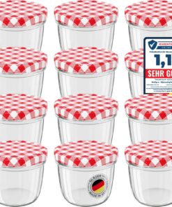 WELLGRO Einmachgläser 230 ml Klein 12 Stück Rot Kariert Made in Germany To 82
