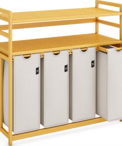 AdelDream Premium Wäschekorb 200L - Sortierfach für Familie, Bambus Wäschebox Hellgrau mit Ausziehender Sacktasche