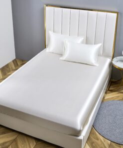 Spannbettlaken Damier Weiß Satin Seide Hochwertiges Glänzend für Schlafzimmer