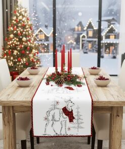 KAMACA Eyecatcher Tischläufer Küche Esstisch Herbst Winter Weihnachten 40x85 cm Rentier mit roter Schal