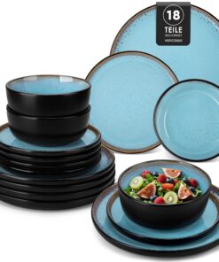 vancasso AMBER Steingut Geschirrset 6 Personen 18tlg Handmade Reaktive Glasur Seeblau Spülmaschinenfest