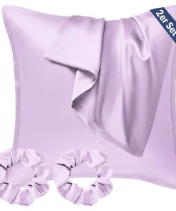 Vegane Seide Satin Kissenbezug 40x40 2er Set, Weich wie Seidenkopfkissenbezug mit Haargummis, OEKO-TEX Lavender