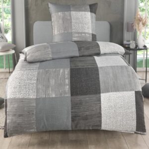 Bettwäsche 135x200 2-teilig Mikrofaser - atmungsaktiv mit Reißverschluss - modernes Karo Design Grau - für Einzelbett