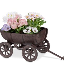 Relaxdays Brauner Gusseisen Pflanzfass HBT 18x20x29 cm für Garten Deko und Deko Schubkarre