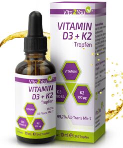Vita2You Vitamin D3 + K2 Tropfen - Premium Qualität - Für Alte - Im Sommer und Winter - Enhanced Bone Health - 5000 IE V