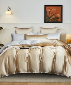 YASMENG Satin Bettwäsche 135x200 Beige Gold Weißwendig Oeko-Tex Seidig Weich Kuschelig 2teilig Reißverschluss Kissenbezu