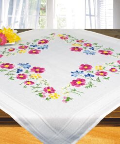 KAMACA Tischdecke Spannstich Blumen vorgedruckt inkl. Stickgarn & Anleitung für Erwachsene (80x80 cm) KAMACA Spannstic