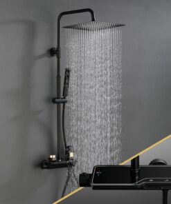 Görbach Regen Duschset für Einbau mit Thermostat und Überkopfbrause, Edelstahl Duschsystem, Matthaftes Schwarz