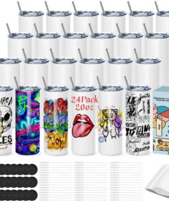 Cafultgo 24-Pcs Sublimation Blanks White Skinny Tumbler 20 OZ Edelstahl Tumbler mit Deckel und Stroh, Blank White | Caf