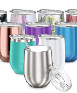 THILY Weinglas mit Deckel und Strohhalm, isoliert, 12 oz silber, hält kalt oder heiß für Wein, Kaffee, Cocktails und Get