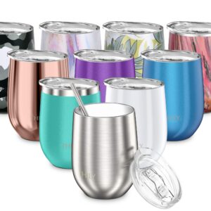 THILY Weinglas mit Deckel und Strohhalm, isoliert, 12 oz silber, hält kalt oder heiß für Wein, Kaffee, Cocktails und Get
