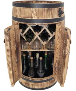 weeco Rustikaler Holz-Barschrank 80 cm mit Doppeltüren Flaschenhalter & Regal – Geflammte Fassbar braun