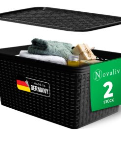 Novaliv 2er Set Schwarz Lebensmittelsicherer Kunststoff Aufbewahrungskorb Rattan-Optik | Perfekt für Bad und Kleidungsau