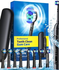 Rotierende elektrische Zahnbürste für Erwachsene mit 8 Bürstenköpfen (2 Typen) und Deep Clean 4 Modi (Schwarz mit Travel