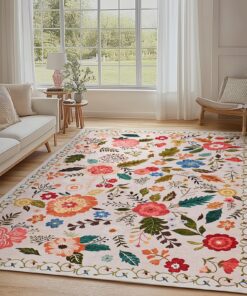 Waschbarer Wohnzimmerteppich Beige, rutschfest, weich, 160x220cm, Vintage Blumenmuster