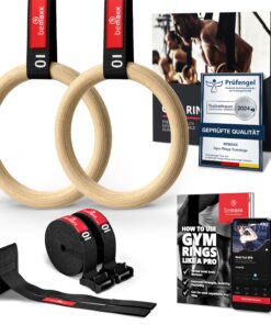 BeMaxx Turnringe Holz Gym Rings - Olympische Gurte für Männer & Frauen | Turankern & WorkouteBook Inklusive