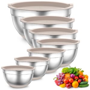 TEAMFAR Rührschüssel Set für Küche, Edelstahl, 7 Stück, Khaki, 0,7L/1,2L/1,5L/2,5L/2,8L/3,5L/6,5L, Luftdichte Deckel und