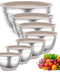 TEAMFAR Rührschüssel Set für Küche, Edelstahl, 7 Stück, Khaki, 0,7L/1,2L/1,5L/2,5L/2,8L/3,5L/6,5L, Luftdichte Deckel und