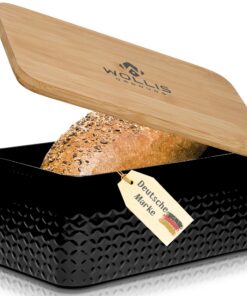 Generisch WOLLIS ORDNUNG Brotkasten Schwarz I hochwertiger Metall-Brotbox mit Bambusdeckel und Leinenbeutel I ideal für