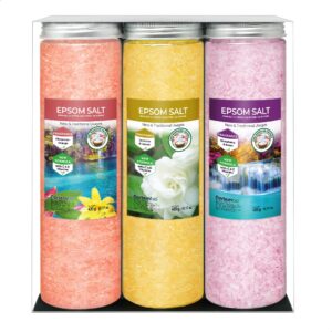 Nortembio Epsom Salz Set 3 x 430 g. Hydratisiert mit Vitamin C und E. Zimt, Jasmin und Rosenaroma. Badesalz für Hydratis