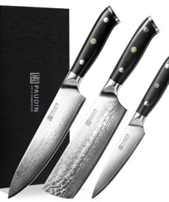 PAUDIN Damastmesser Set - Qualitätspolitur, Edelheit & Nachhaltigkeit - Küche & Reise - Hochhärte & Anti-Korrosion - 3 x