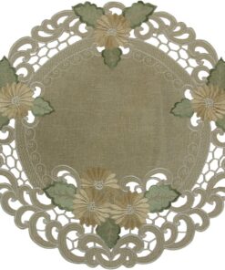 Klein Leinen-Optik Mitteldecke Blumen Stickerei Grün-Beige 60cm Rund Polyester