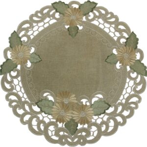Klein Leinen-Optik Mitteldecke Blumen Stickerei Grün-Beige 60cm Rund Polyester