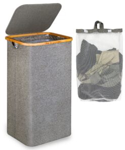 Eflukey 120 Liter hoher Wäschebox mit Bambus Henkel Schlafzimmer/Badezimmer (Grau, Fach) Eflukey faltbarer Wäschekorb