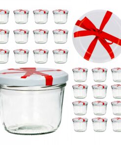 25er Set Sturzglas 230 ml mit weißem Twist-Off Deckel & Schleifendekor - Marmeladenglas Einmachglas