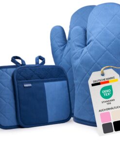 Topflappen und Ofenhandschuhe Set - Topfhandschuhe für Küche & Bäckerei, Baumwolle hitzebeständig bis 250°C, Blau OEKO-T
