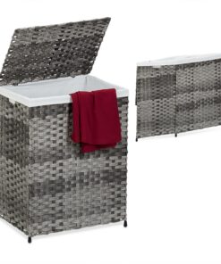 Relaxdays Wäschekorb mit Deckel, Rattan-Optik und großem Speicher Raum für die ganze Familie, grau/beige - Hbt: 60x46x34